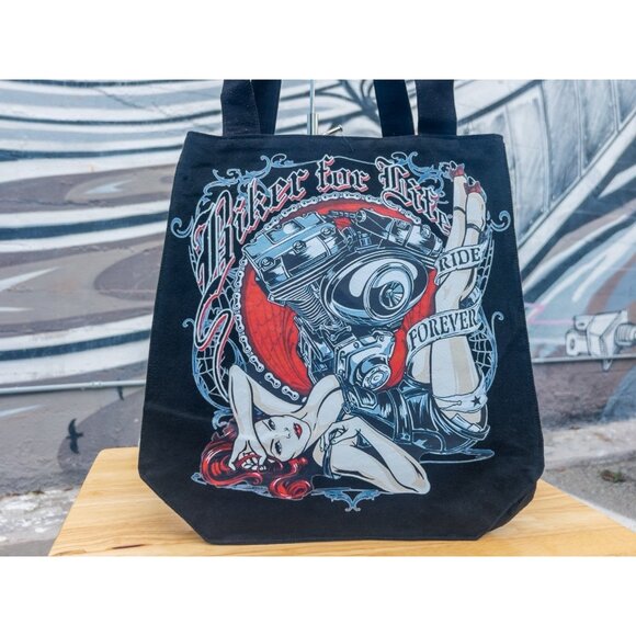 HARLEY DAVIDSON Biker For Life Vintage Tote Bag - Black With Retro Graphic Print - Picture 1 of 4